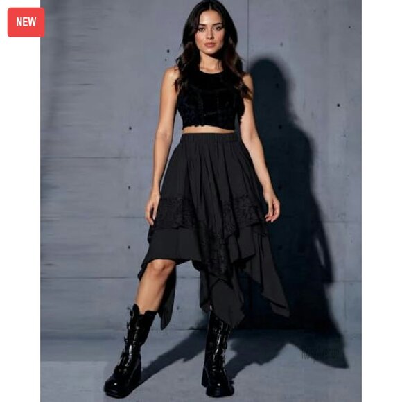 Gothic Lace Midi Skirt Asymmetrical A-Line High Waist Steampunk - Picture 3 of 8